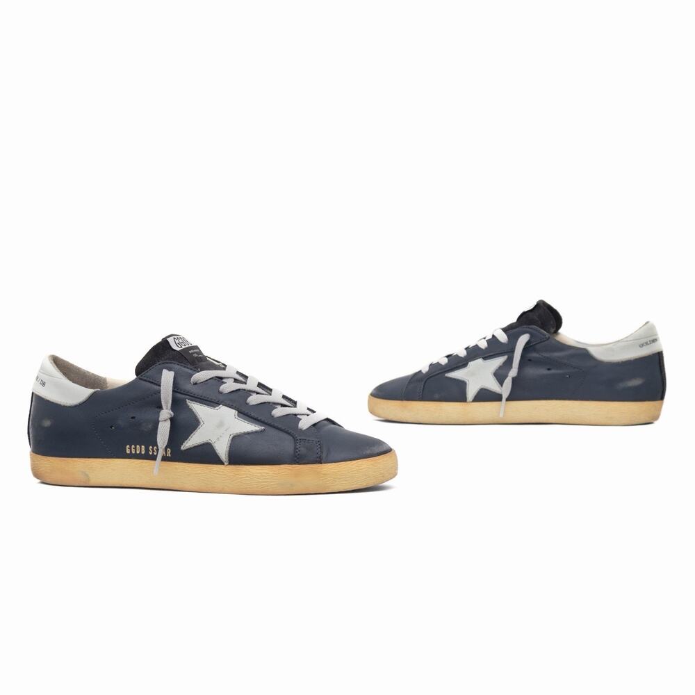 $530 GOLDEN GOOSE Super-Star Distressed Navy Blue Leather Sneakers EU 41 US 8